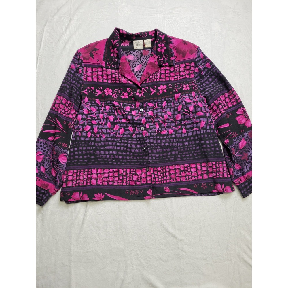 Alison Daley Button Up Blouse Women Petite M Purple Pink Floral Geometric
